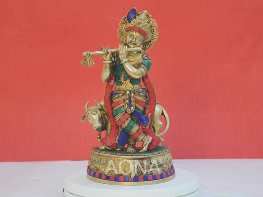 Brass Standing Krishna with Cow Idol Statue Murti, Height 12.5 inches