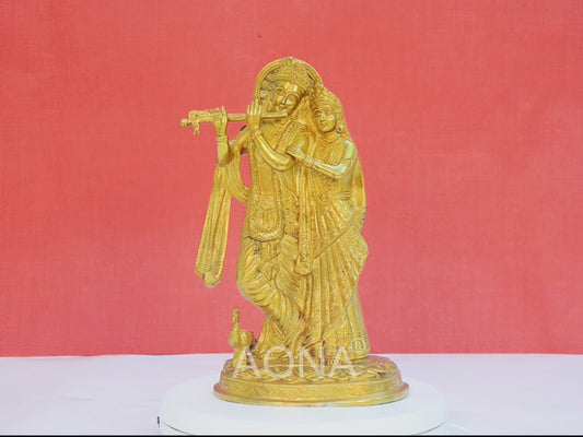 Brass Radha Krishna Idol Radha Krishna Playing with Flutes Height 10.5 Inch