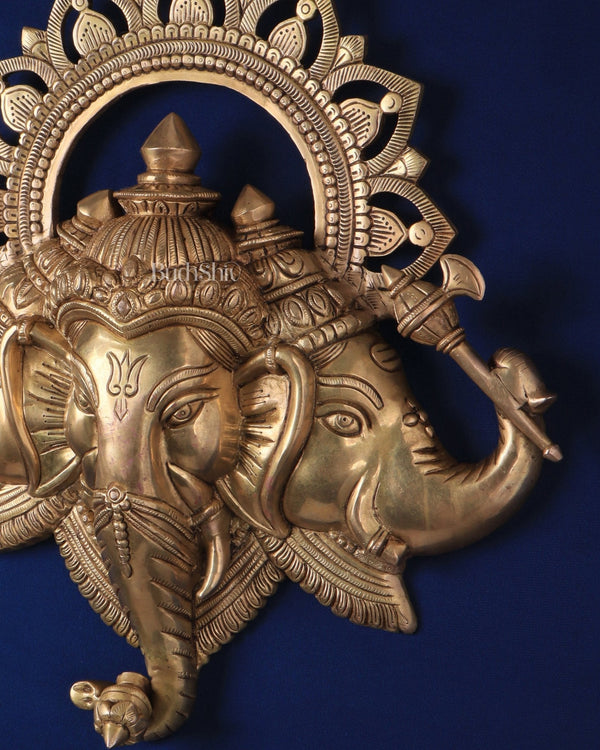 Pure Brass Trimukhi Ganapati Wall Hanging (Height : 17.5 Inches) Study Setting