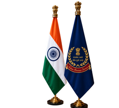 Premium Brass Tabletop Flag Set Featuring the Indian National Flag and Indian Revenue Service Flag (Height: 7 ft)