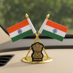 Indian tricolour car dashboard ornament with brass stand and Ashoka emblem