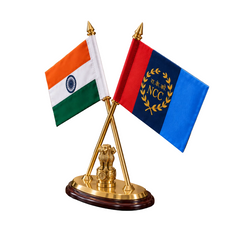 Premium Brass Tabletop Flag Stand Featuring the Indian and NCC Flags (Height: 12 Inches)