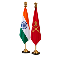 Premium Brass Tabletop Flag Set Featuring the Indian National Flag and Indian Army Flag (Height: 7 ft)