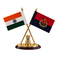 Premium Brass and Wooden Double Desk Flag Stand with Indian National and Haryana Police Flags (Height: 12 Inches)