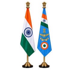 Brass tabletop flag set with Indian national and Air Force flags on matching stands
