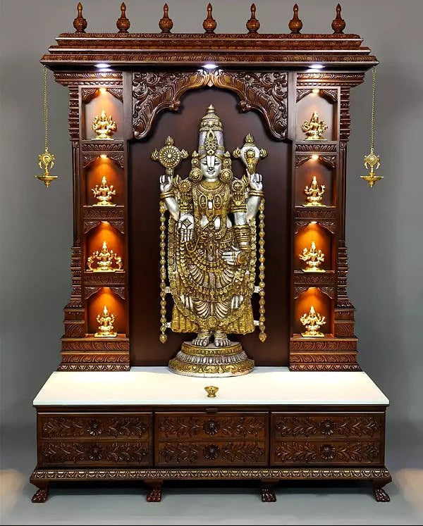 Brass Luxury Ashtalakshmi Design Mandir with Lord Venkateshvara (Tirupati Balaji) (Height: 80 Inches) Entryway Setting