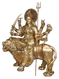 Brass Durga statue seated on lion, raised tridents and weapons, front view