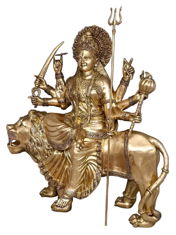Large Brass Durga (Sherawali Maa) Statue – The Invincible Divine Shakti (Height: 67 Inches) Entryway Setting