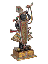 Brass Shrinath Ji idol with colorful inlay, raised right arm, ornate gold pedestal