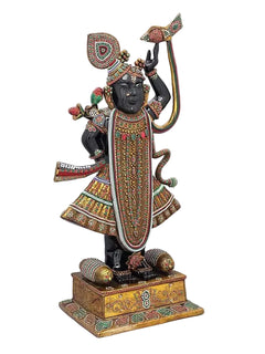 Brass Shrinath Ji idol with colorful inlay, raised right arm, ornate gold pedestal