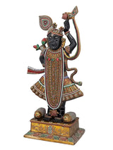 Brass Shrinath Ji idol with colorful inlay, raised arm, patterned pedestal and ornaments