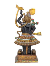 Brass Shrinath Ji idol holding a tall staff, gold halo, colorful inlay skirt and base