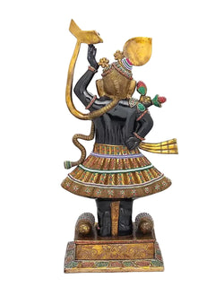 Brass Shrinath Ji idol holding a tall staff, gold halo, colorful inlay skirt and base