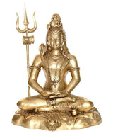 Brass Mahayogi Shiva sculpture: seated holding trident, golden tone, 27 in