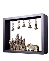 Shiva Parivar brass statue with Nandi and five hanging bells on chain