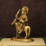 Brass Sheetla Mata statue on horse, cross-armed seated figure, detailed jewelry, 6 inch