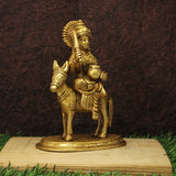 Brass Sheetla Mata statue on horse, raised hand and ornate crown, temple figurine, 6 inch