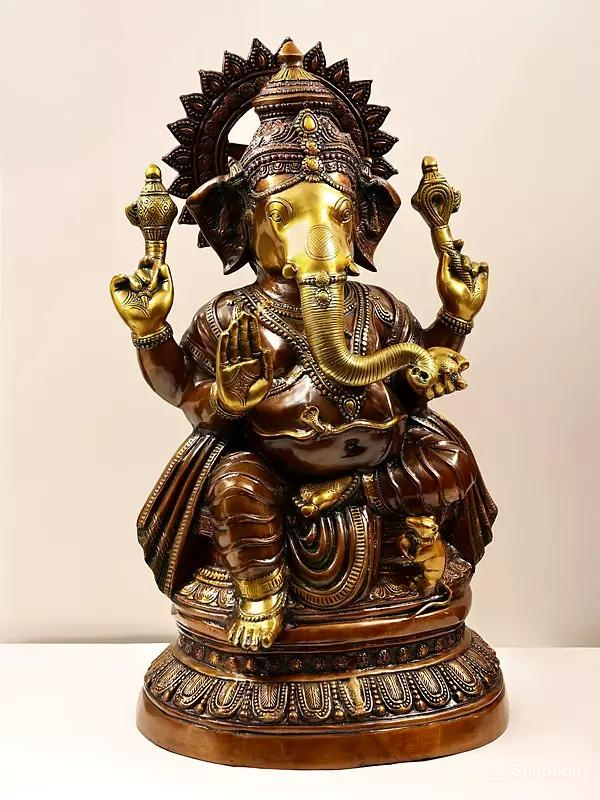 Brass Large Size Ganesha Sculpture (Height 35 Inches) Study Setting