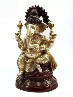 Brass Ganesha idol with raised hands and ornate crown, 35 in