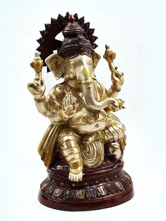 Brass Ganesha statue showing detailed face, trunk, and jewelry, 35 in