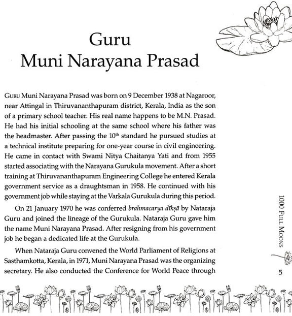 Capítulo “Guru Muni Narayana Prasad” con biografía en párrafos y adorno floral