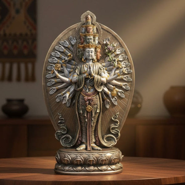 Resin Lokeswara Buddha depicting thousand arms and eyes (Height: 12 inches)