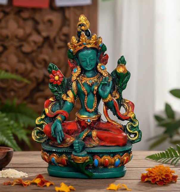 Resin Goddess Green Tara Statue (Height: 15 cm)