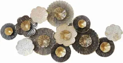 Wrought iron panch zara wall hanging with round flower discs, gold and dark bronze.