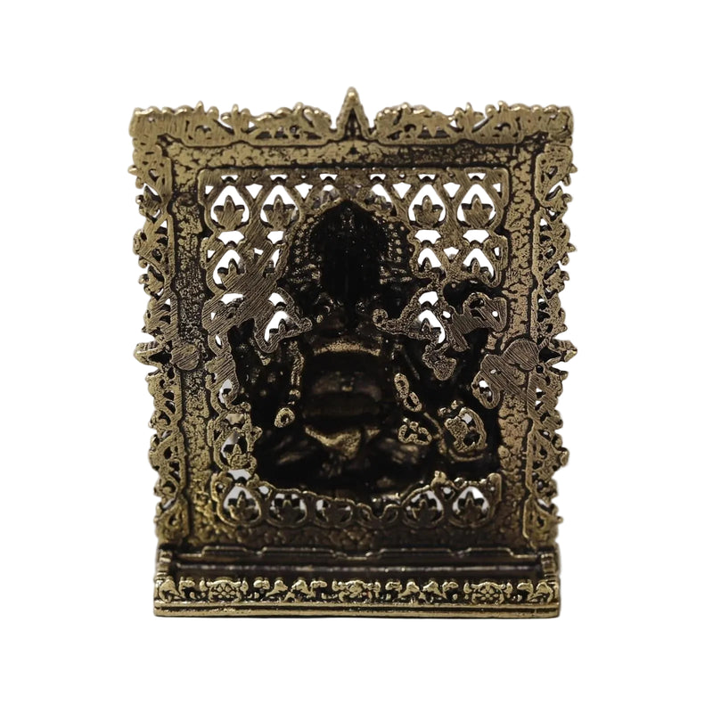 Brass Ganesh panel back side with cutwork pattern and dark inner relief