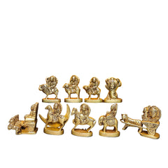 Brass Navagraha set with nine deity statues on bases, arranged for display