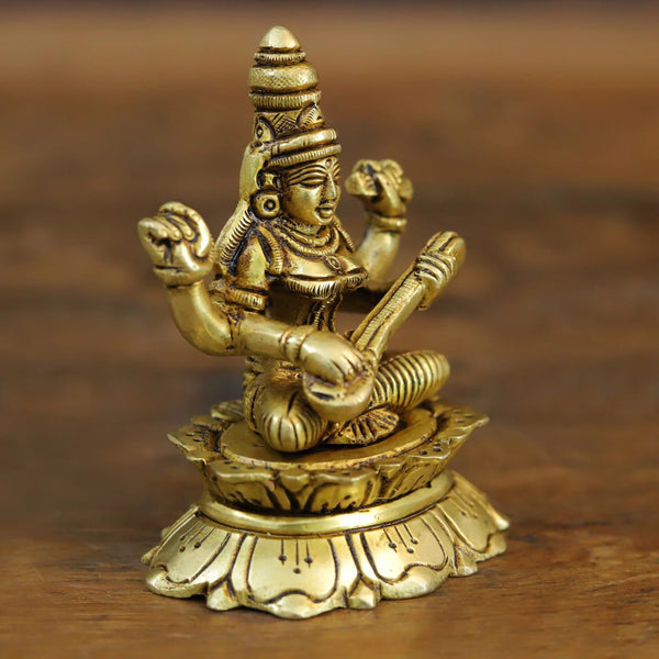Brass Goddess Maa Saraswati seated Sculpture (Height :3.5 Inches) Study Setting