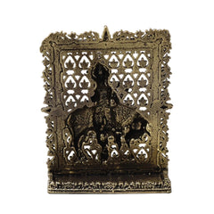 Brass Krishna and cow ornament, decorative back panel with cutwork frame