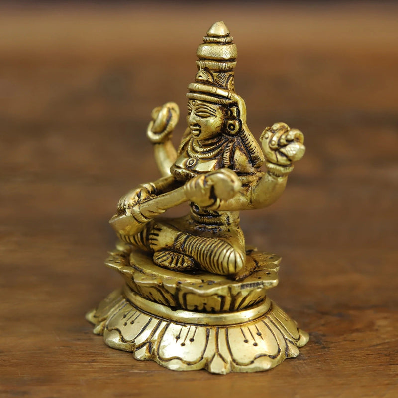 Brass Goddess Maa Saraswati seated Sculpture (Height :3.5 Inches)