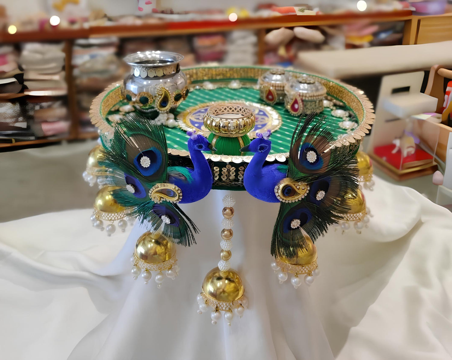 AONA Steel Handcrafted Pooja Thali for Raksha bandhan, Karva Chauth & Bhai Dooj (Peacock)