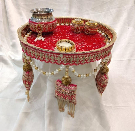 Steel Handcrafted Pooja Thali for Raksha bandhan, Karva Chauth & Bhai Dooj (Red 2)