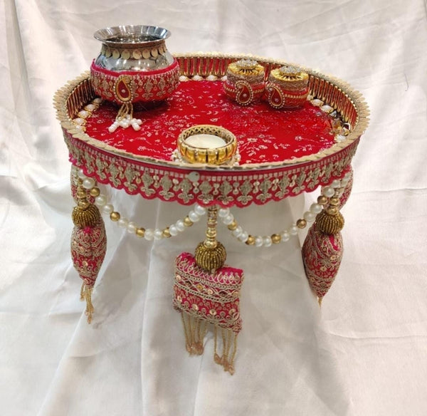 Steel Handcrafted Pooja Thali for Raksha bandhan, Karva Chauth & Bhai Dooj (Red 2)