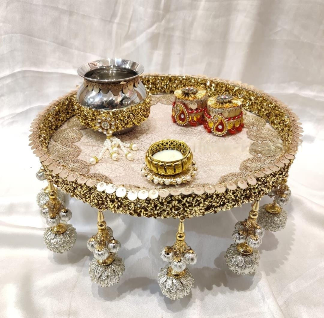 AONA Steel Handcrafted Pooja Thali for Raksha bandhan, Karva Chauth & Bhai Dooj Plate Beige