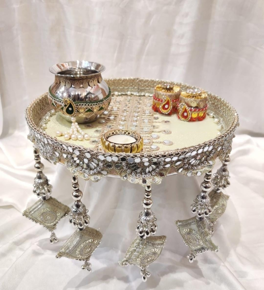 AONA Steel Handcrafted Pooja Thali for Raksha bandhan, Karva Chauth & Bhai Dooj Plate white