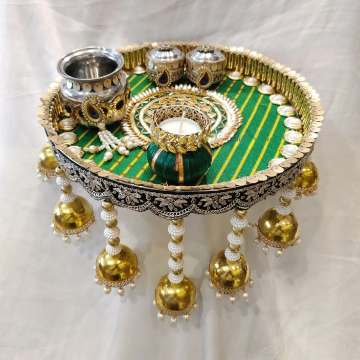 AONA Steel Handcrafted Pooja Thali for Raksha bandhan, Karva Chauth & Bhai Dooj Plate Green