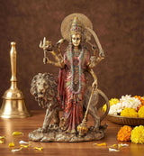 Resin Durga Maa idol with lion, ornate crown and halo, approx. 11 in