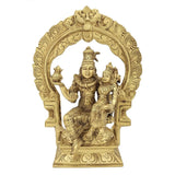 Brass Shiva and Parvati idol seated on ornate Kirtimukha throne, 10 inch
