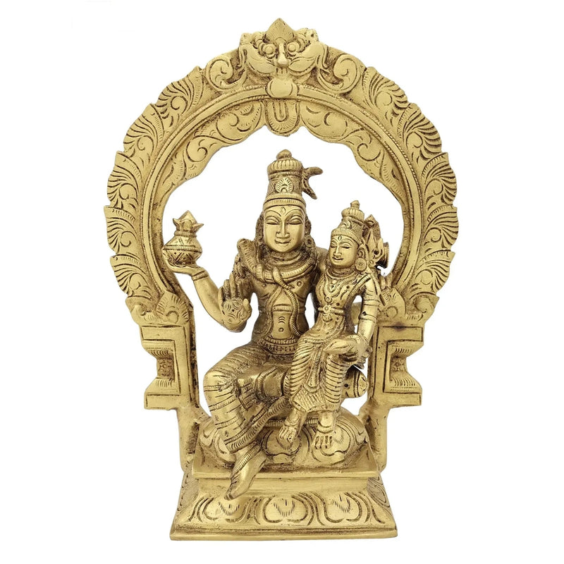 Brass Lord Shiva with Parvati Idol Seated on Kirtimukha Prabhawali Throne (Height: 10 inches)