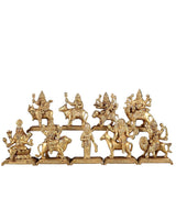 Brass Nav Durga idol set with seven+ figures and horses, wide side arrangement