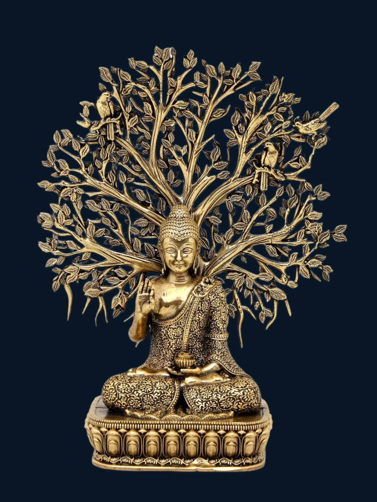 AONA Buddha tree showpiece: brass-gold seated Buddha with detailed leaf branches