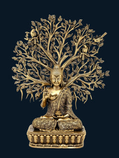 AONA Buddha tree showpiece: brass-gold seated Buddha with detailed leaf branches
