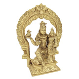 Brass Shiva with Parvati standing beside seated pose on detailed arch throne