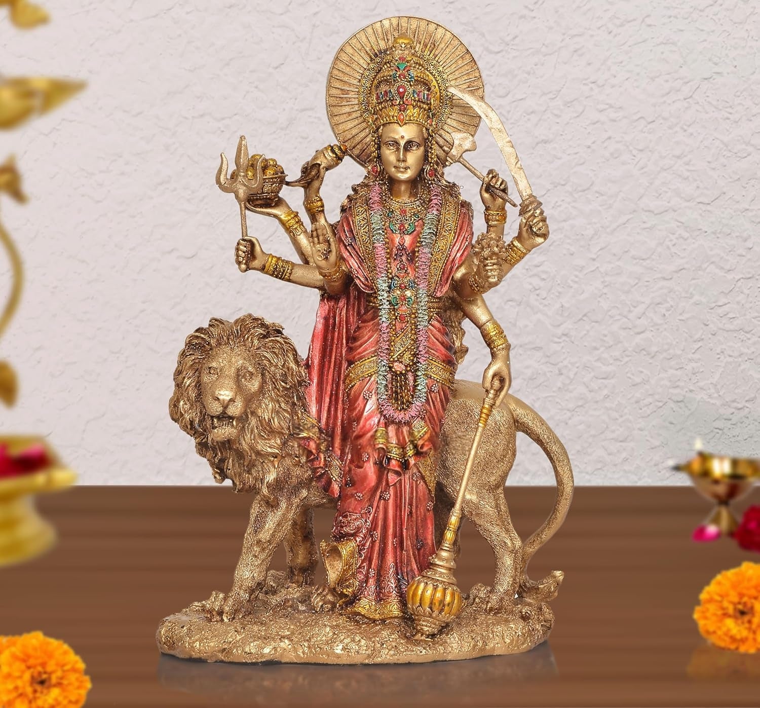 Resin Standing Durga Maa with Lion Idol Hindu Goddess Sherawali MATA Murti MATA Rani Statue Figurine Home Temple (Height: 11 Inch)