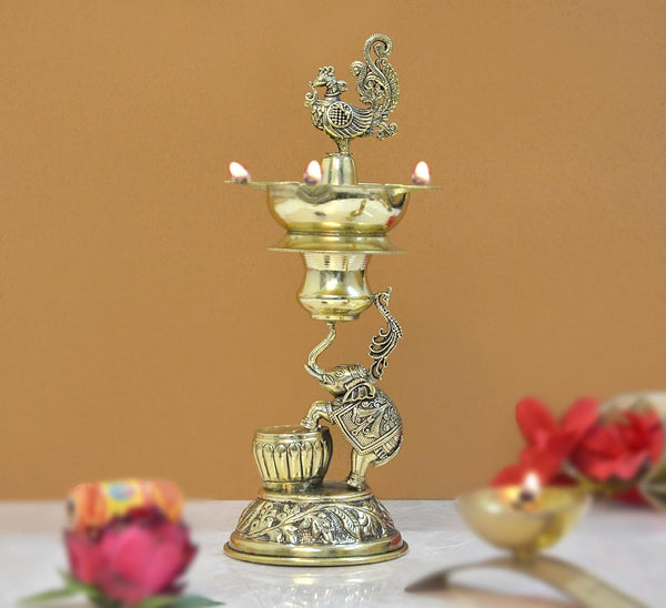 Superfine Brass Elephant with Peacock Oil Lamp Diya  (Height: 8.5 Inches)