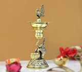 Brass elephant & peacock oil lamp diya with 3 small flames and ornate stem
