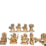 Brass Navagraha figurines set of nine, close view of seated and mounted figures